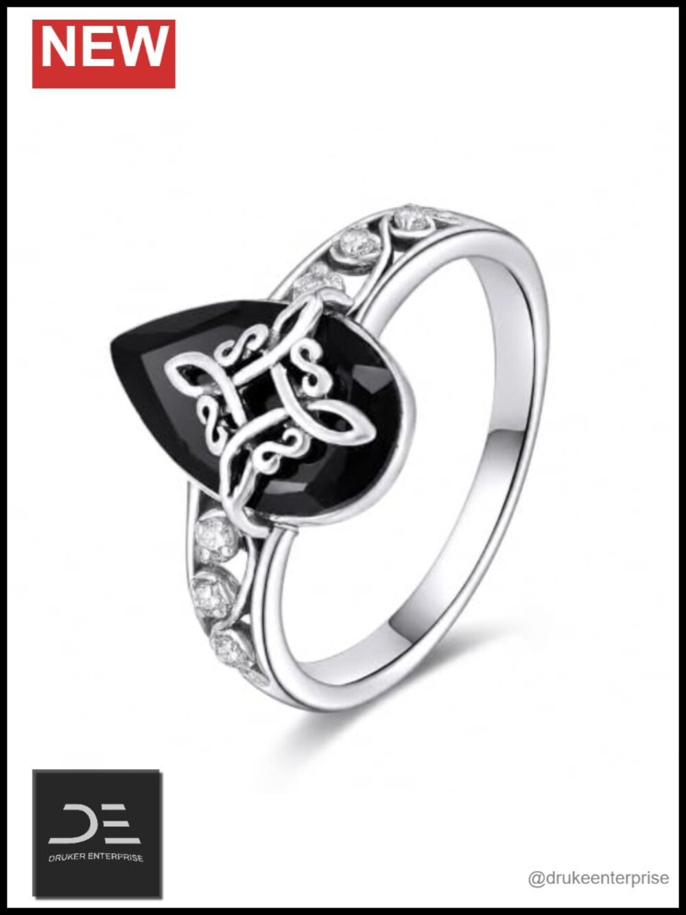 Celtic Witch's Knot Ring 18K White Gold Plated Black Tourmaline Ring
